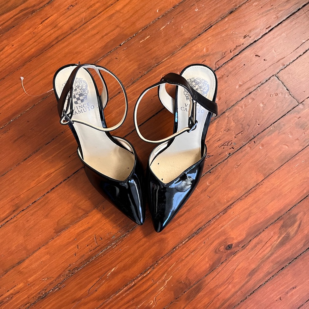 Vince Camuto Black Patent Pointed-Toe Ankle-Strap Pumps